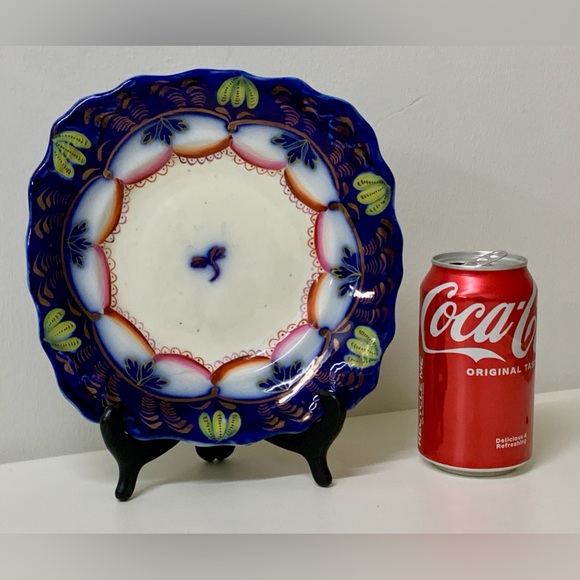 19th Century Gaudy Welsh Ironstone Banana Flow Blue Square Scalloped Plate - Picture 2 of 12